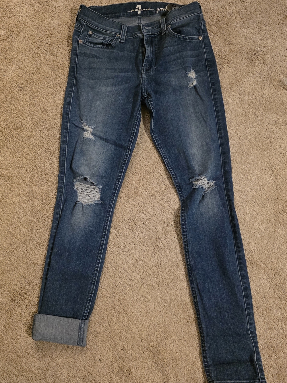 7 For All Mankind Distressed Skinny Jeans - Dark Blue
